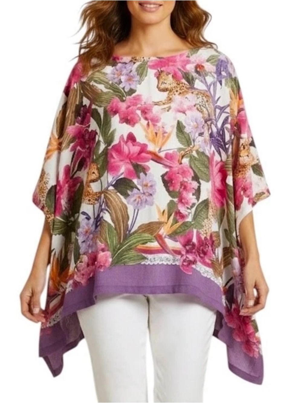Chicos Tropical Floral Orchid, Cheetah Print Poncho Top Tunic S/M